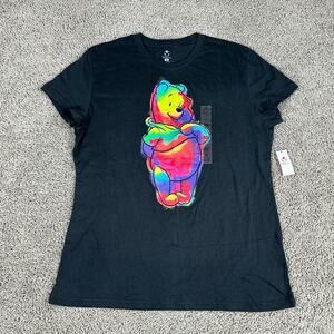 NEW Disney Shirt Womens Large Black Multicolor Rainbow Pooh Beer Short Sleeve
